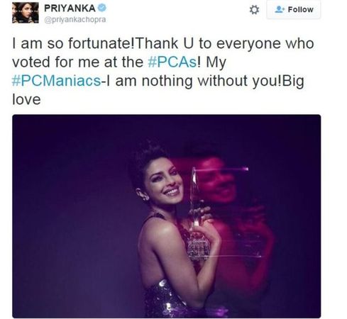 Priyanka Chopra's tweet after winning the people's choice award for Quantico