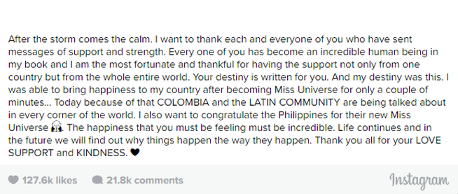 Miss Colombia Ariadna Gutierrez releases statements