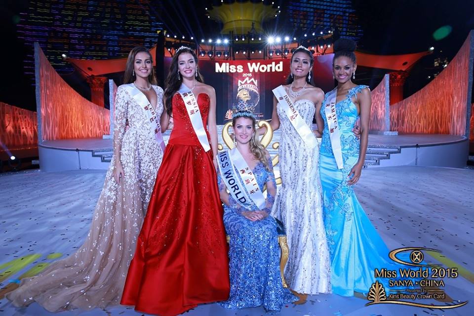  Sofia Nikitchuk at the Miss World 2015 Pageant where she  placed first runner up flanked by left, Miss Lebanon, Miss World, Mireia Lalaguna; Miss Indonesia and Miss Jamaica 
