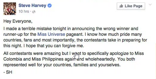 Steve Harvey's apology  on his Facebook page