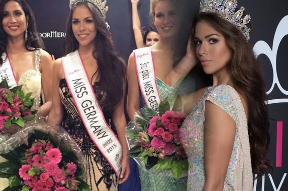 Sarah-Lorraine Riek, 22 Miss Universe Germany 2015, center flanked by  1st runner-up is Anja-Vanessa Peter (left) and the 2nd runner-up  Vanessa Jouline Bartels (right)