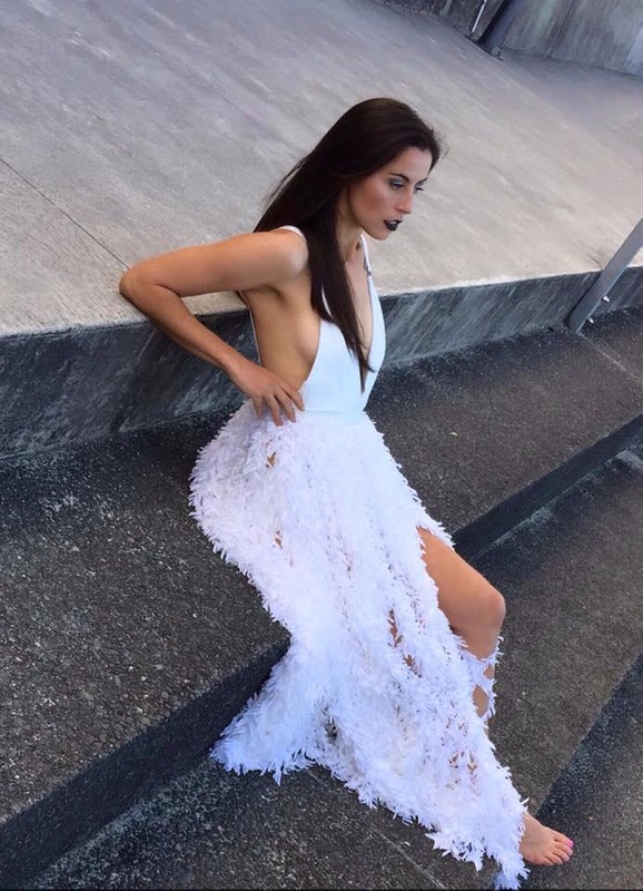 Winner Miss World New Zealand 2015 , Deborah Lambie a white ethereal evening dress 