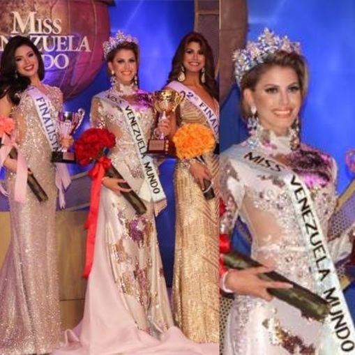  Winner Miss Venezuela Mundo 2015, Anyela Galante flanked by her runners up Karielys Cuadros and Maria Jose Brito  who were awarded the first and second runner up positions respectively.
