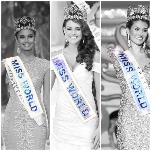 Donning Miss World Sashes, Miss World 2013, Megan Young, Miss World 2014, Rolene Strauss and Miss World 2015, Mireia Lalaguna