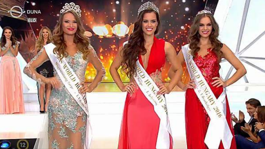Winner of Miss World Hungary 2016 Tímea Gelencsér flanked by runners up Oczella Eszter and Dukai Babett