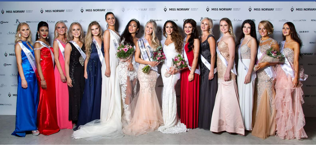 The winners of Miss Norway 2016 flanked by delegates of the 2016 edition, Jennifer Maria Forfang, Anna Shahiri, Emeriin Jeolina Jorseph, Selina Ilincic, Dzenana Alice,  Nora Emilie neck, Seline solberg, Bettina Hofsødegård